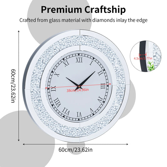 Round Mirrored Wall Clock Featuring Crystal Details And Alarm