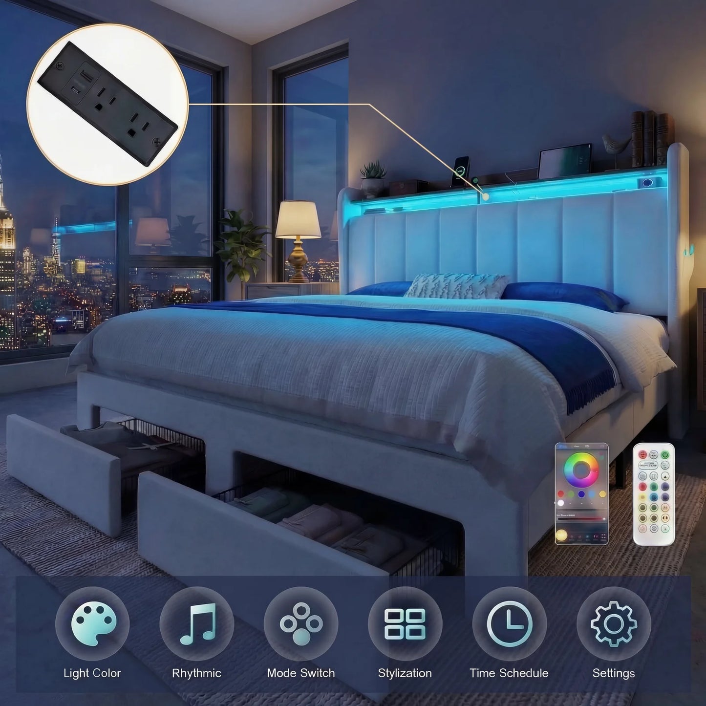 HOOMIC Bed Frame With LED Lights And Storage Drawers Charging