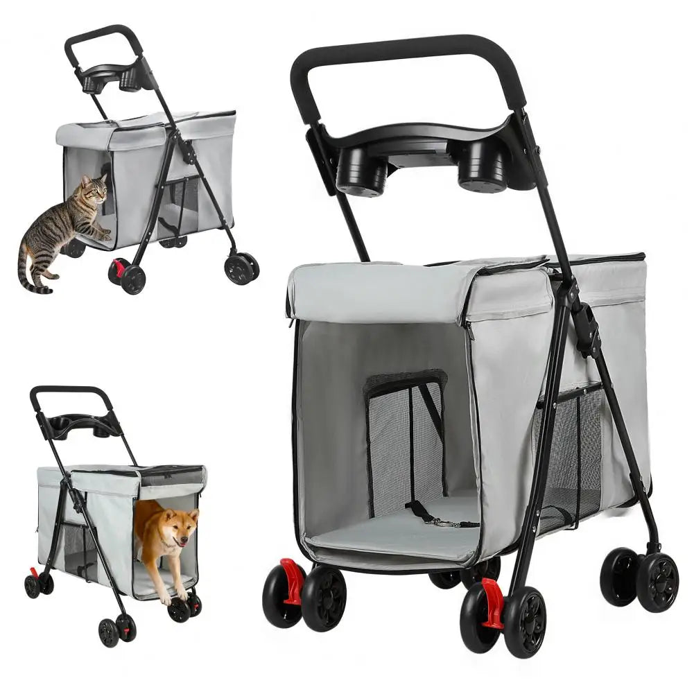 Foldable Pet Stroller With Swivel Wheels And Ventilation Panels