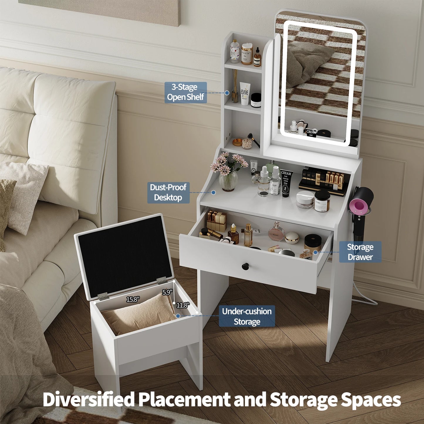 JHK Modern Wooden Vanity Set With Mirror And Storage Bench