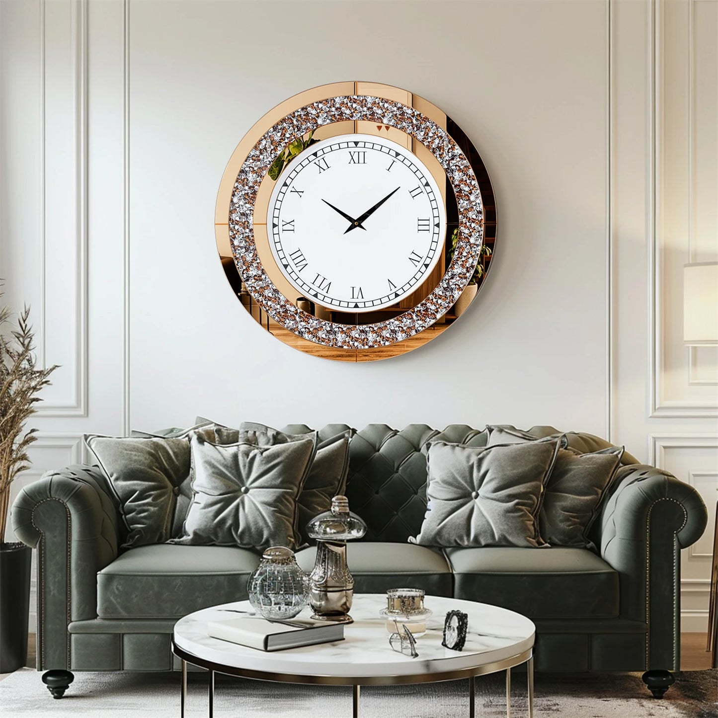 Round Mirrored Wall Clock Featuring Crystal Details And Alarm