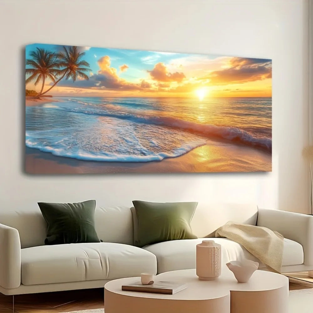 Pine Wood Frame Natural Scenery Canvas Wall Art Ocean Sunset