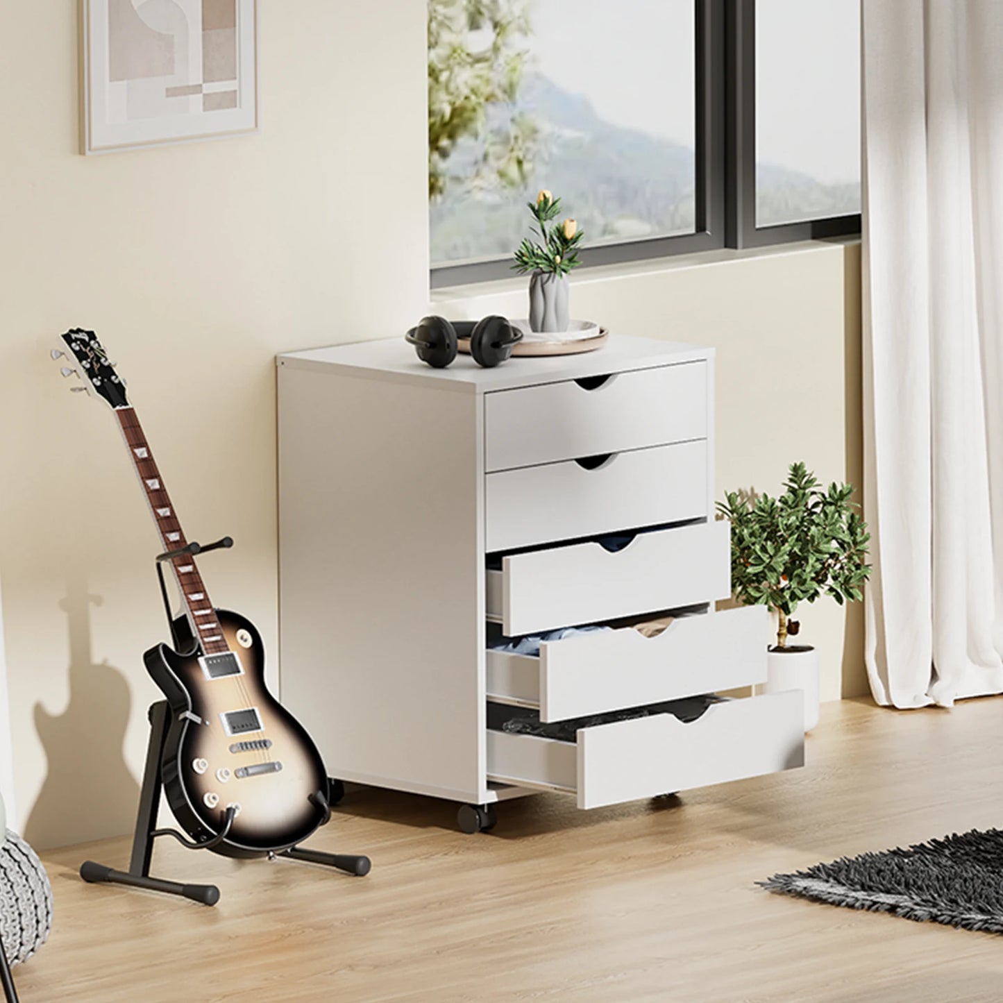 JHK Wood Living Room Cabinet With Five Drawer Organizer