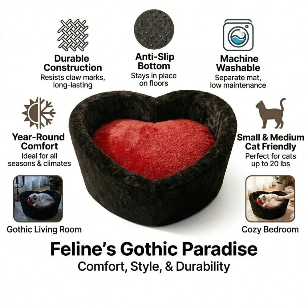 Washable Goth Cat Bed for Indoor Cats up to 25 lbs, Red Black Halloween Pet House, Cozy Cave Bed for Cats and Small Pets