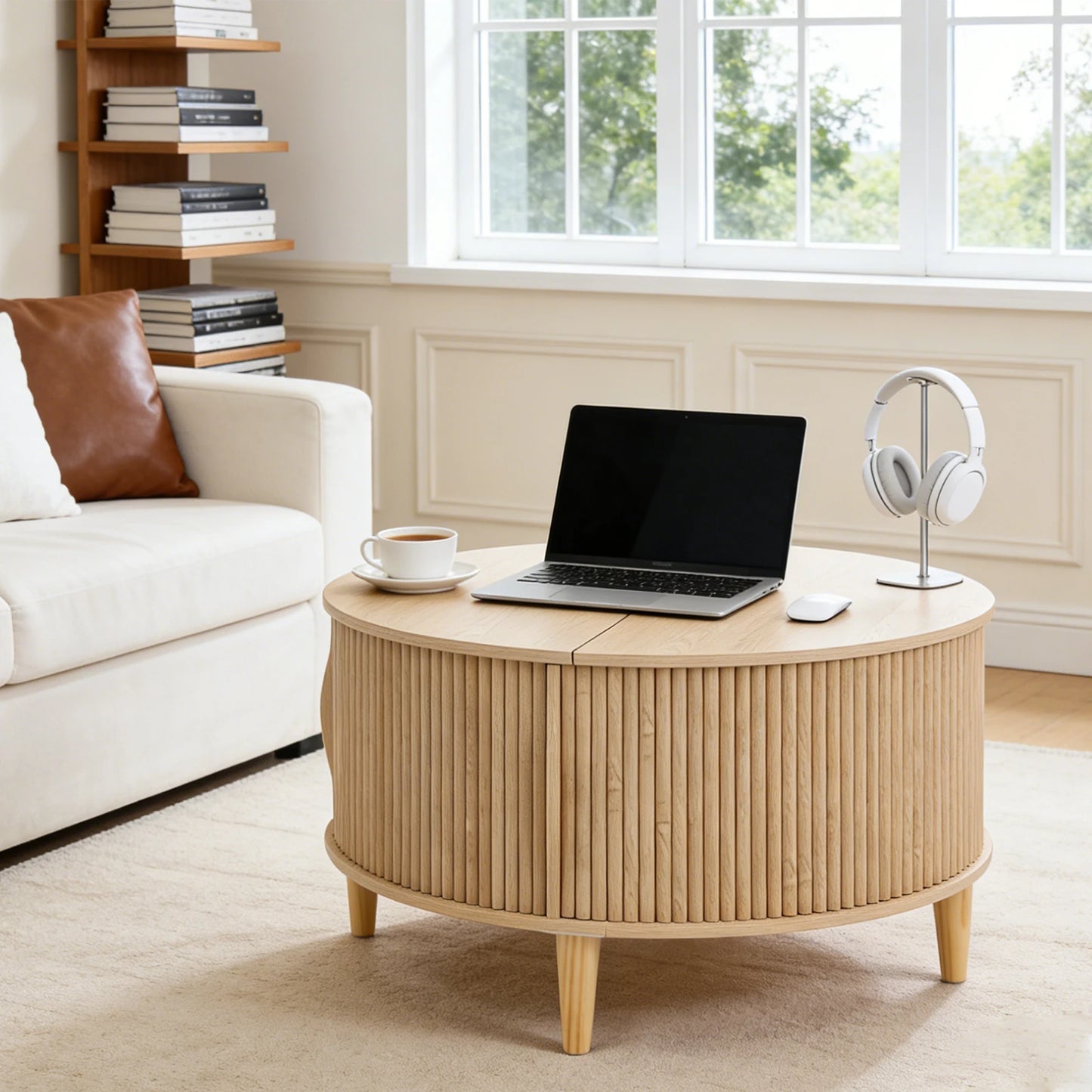 JHK Round Coffee Table With FlipTop Storage And Cabinet