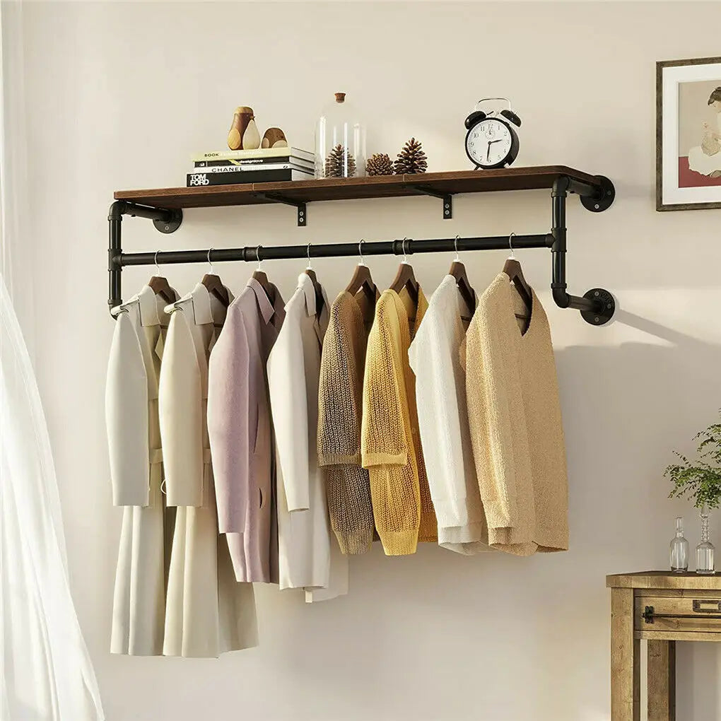 Industrial Pipe Wall Mounted Clothing Rack With Wood Shelf