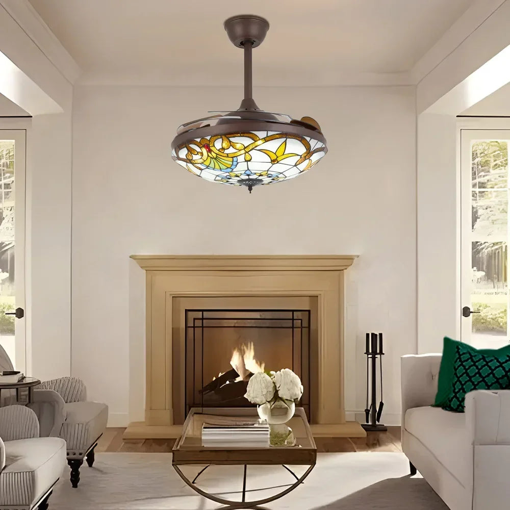 Tiffany Style Ceiling Fan With Remote, LED Light, Color Changing