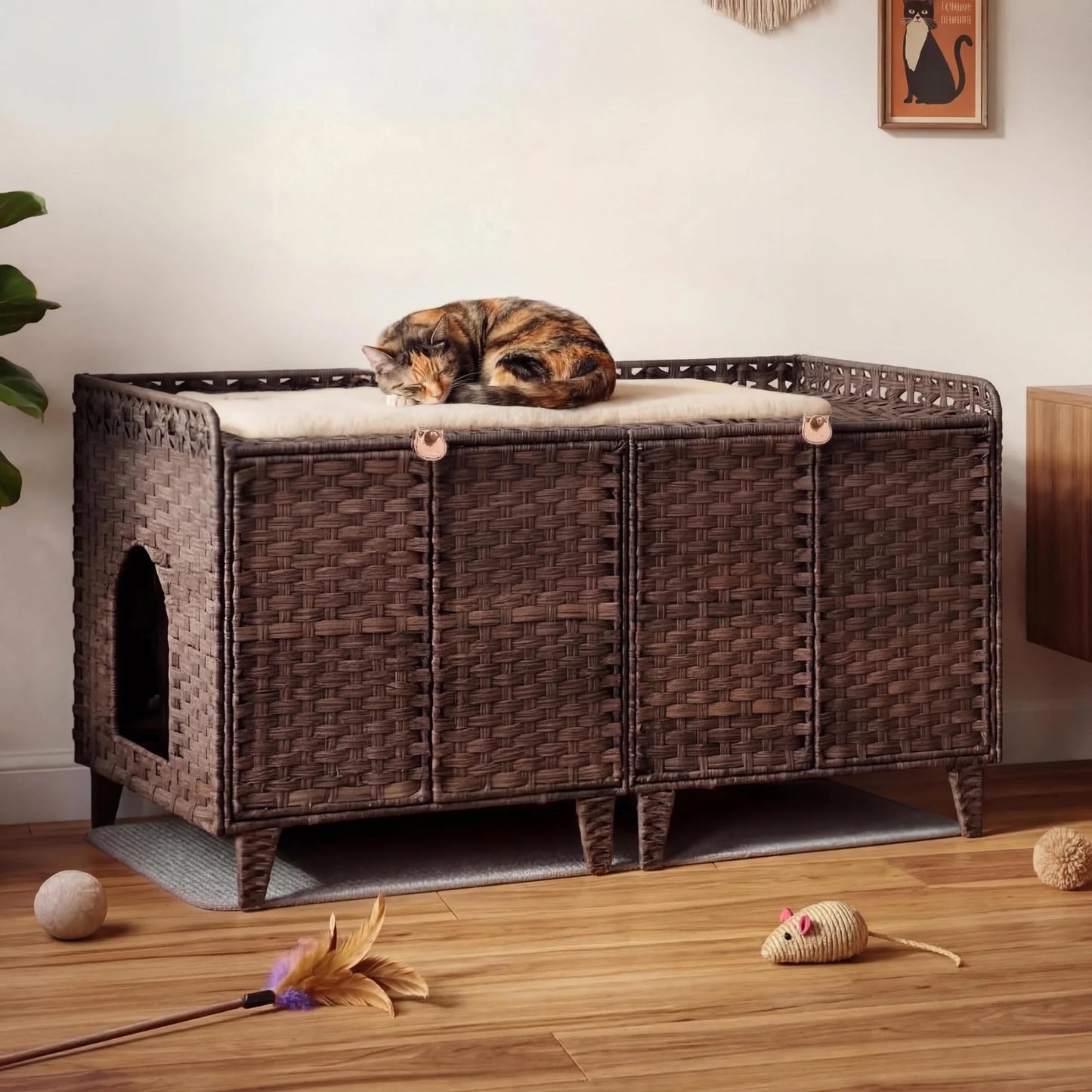 DishyKooker Rattan Double Door Cat Litter Box Enclosure