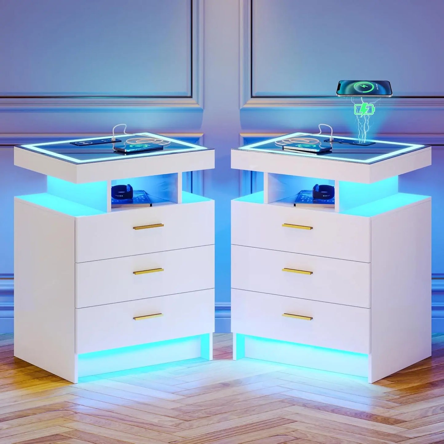 Wireless Charging Nightstand With Auto Sensor LED End Table