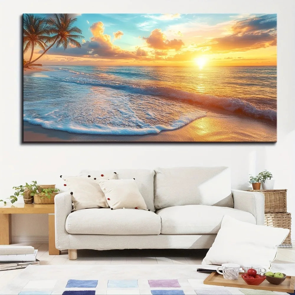 Natural Pine Wood Frame Canvas Wall Art Ocean Sunset Scene
