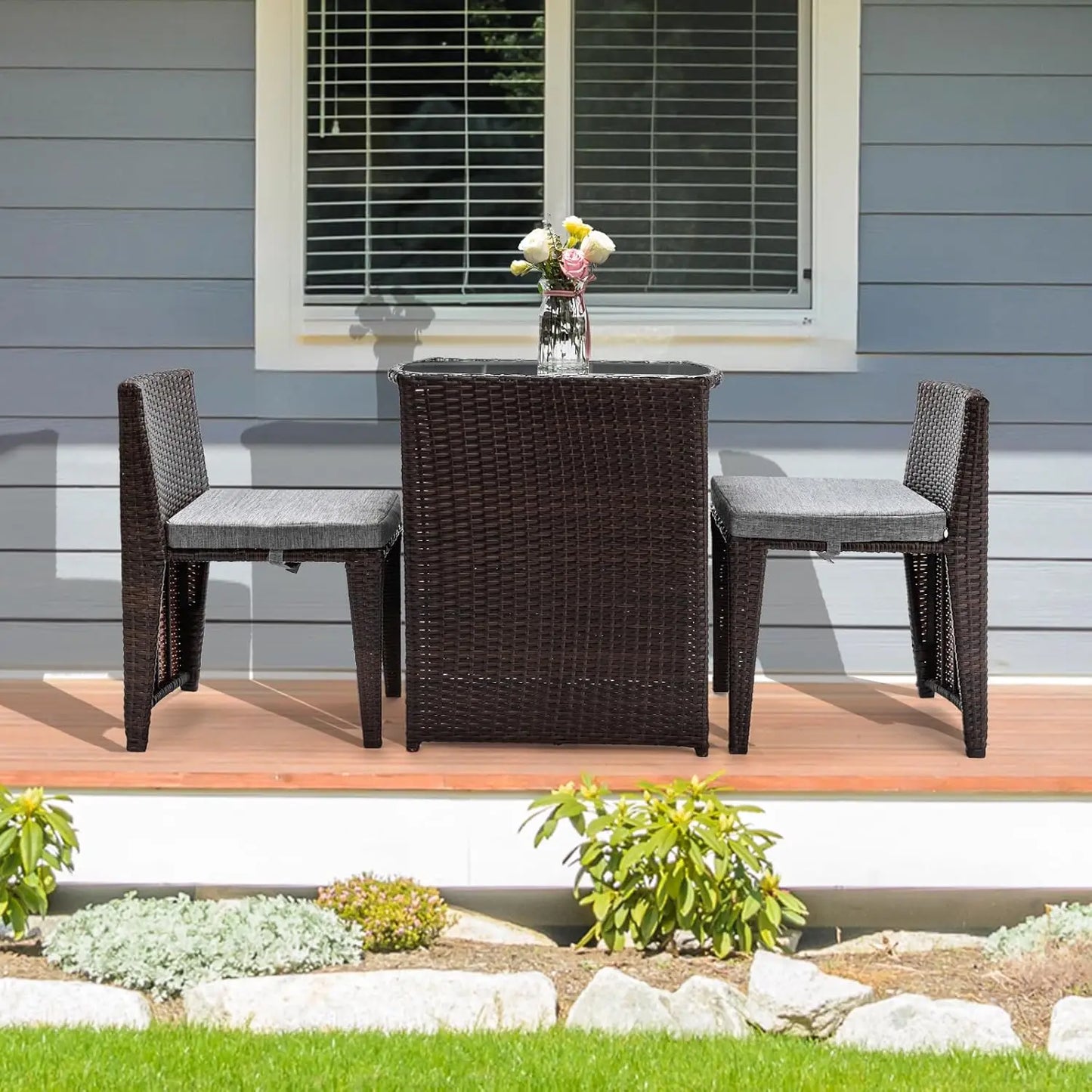 XIAOLANG 3 Piece Wicker Outdoor Patio Bistro Set With Glass Top Table