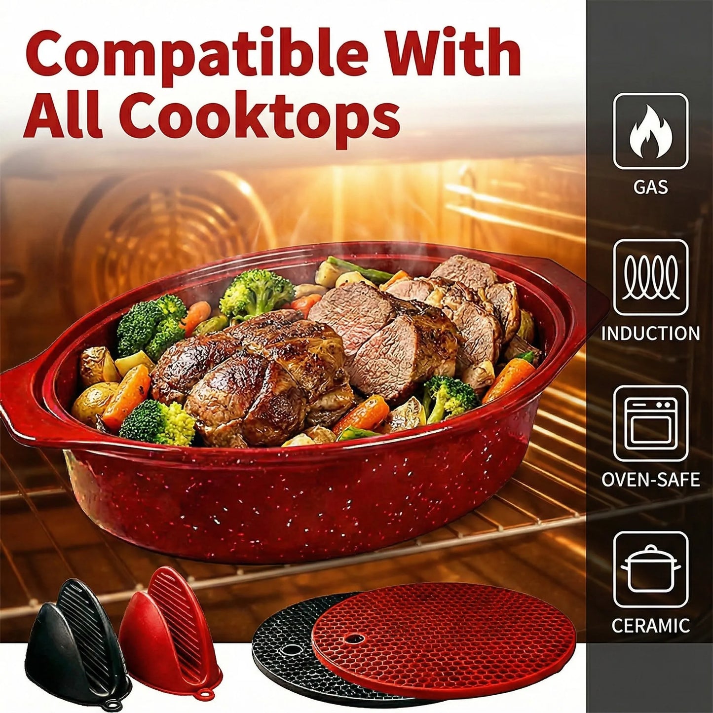Enameled Oval Roaster With Lid, 7lb Poultry Capacity, Dishwasher Safe