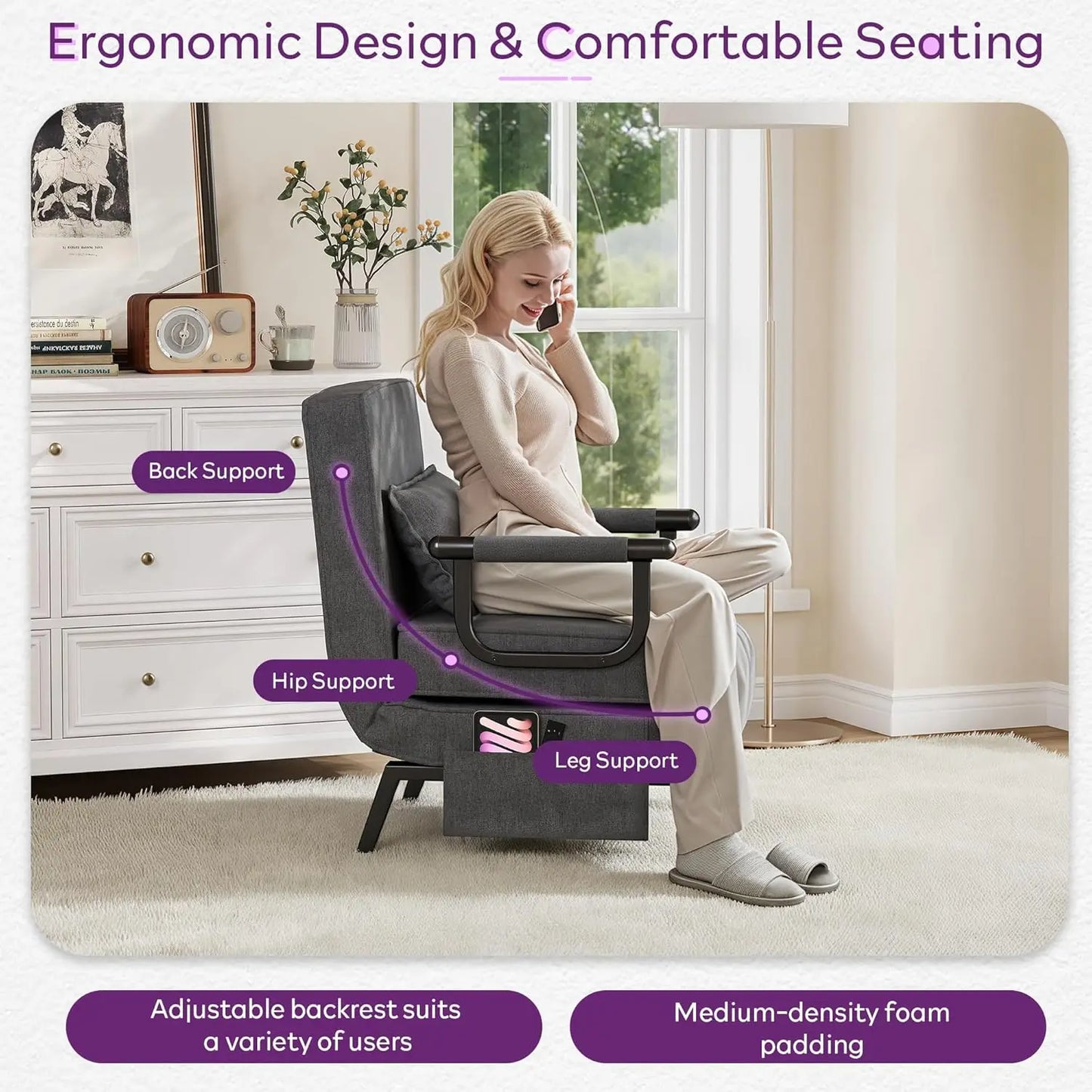 Convertible Sleeper Chair Bed With Adjustable Backrest And Pockets