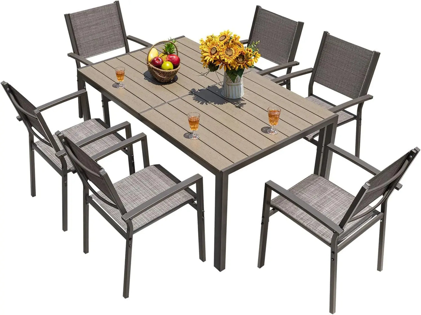 Outdoor Patio Dining Set 7 Pieces With Large Table And Textilene Chairs