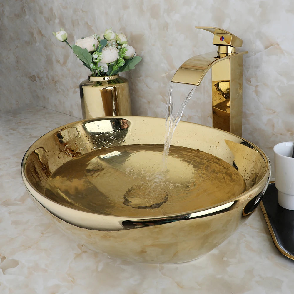 Kemaidi Ceramic Vessel Bathroom Sink With Polished Faucet