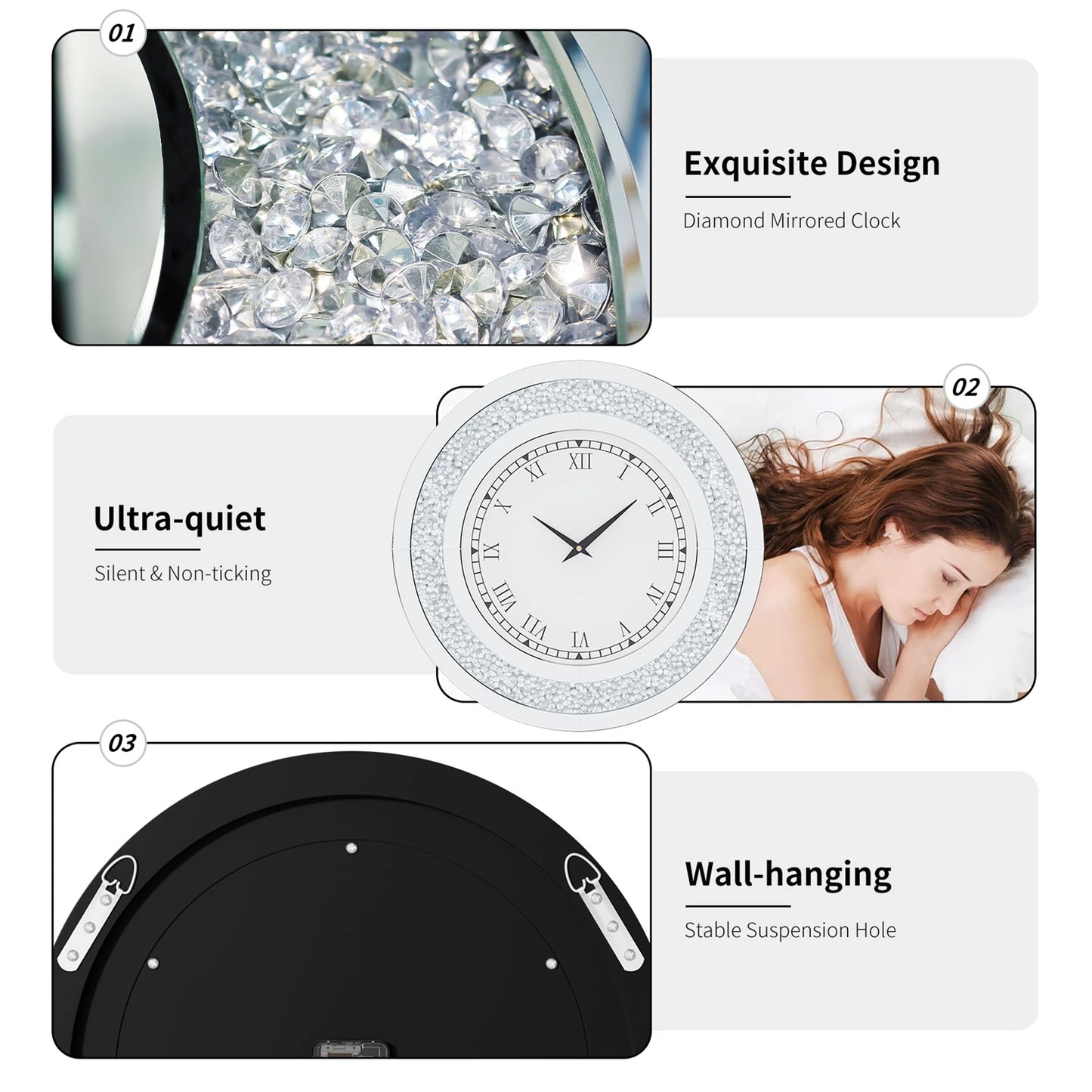 Round Mirrored Wall Clock Featuring Crystal Details And Alarm