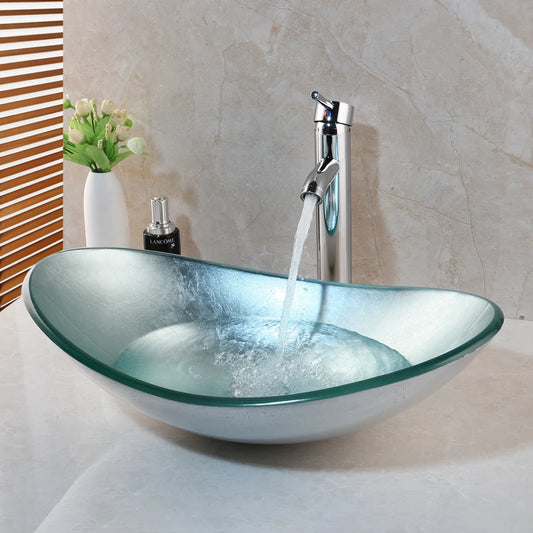 Mekkhala Tempered Glass Bathroom Sink With Waterfall Faucet