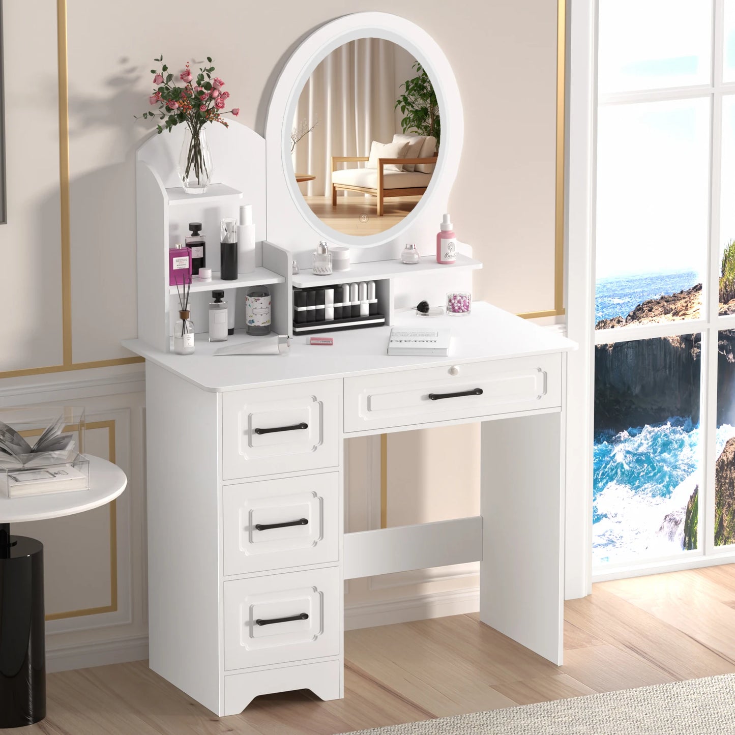 Modern Wooden Makeup Vanity Table With Mirror And Four Drawers