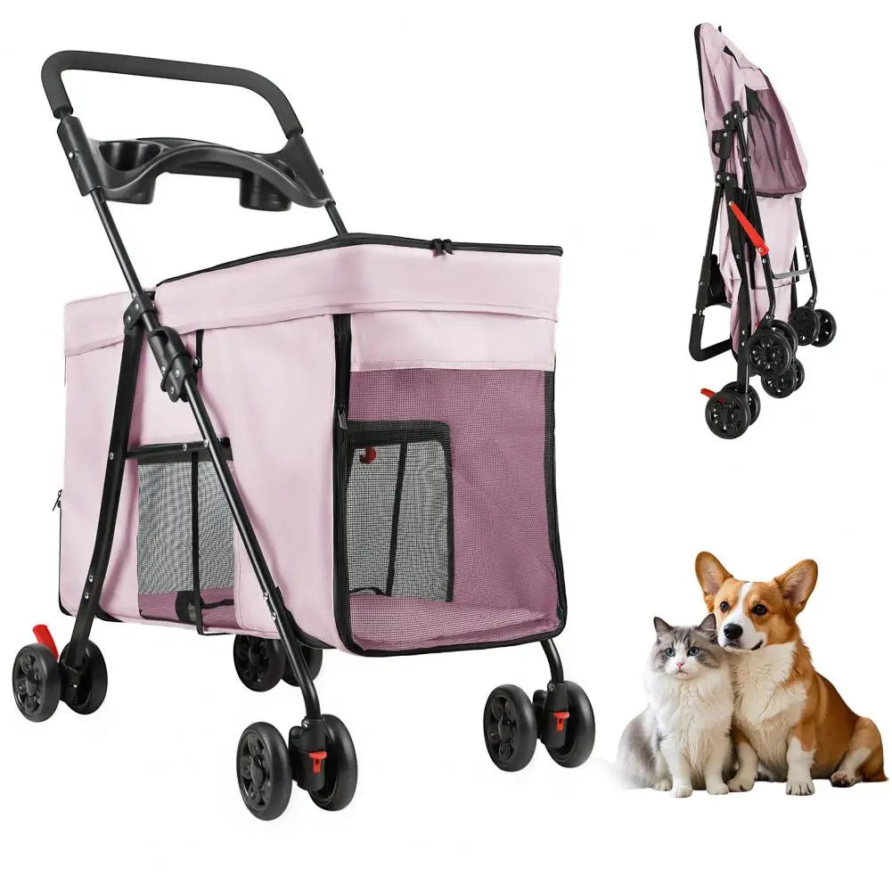 Foldable Pet Stroller With Swivel Wheels And Ventilation Panels