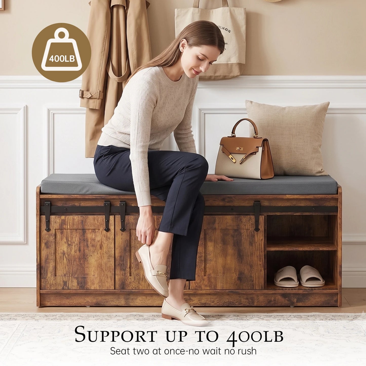 TinyNest Wooden Shoe Storage Bench With Soft Linen Cushion