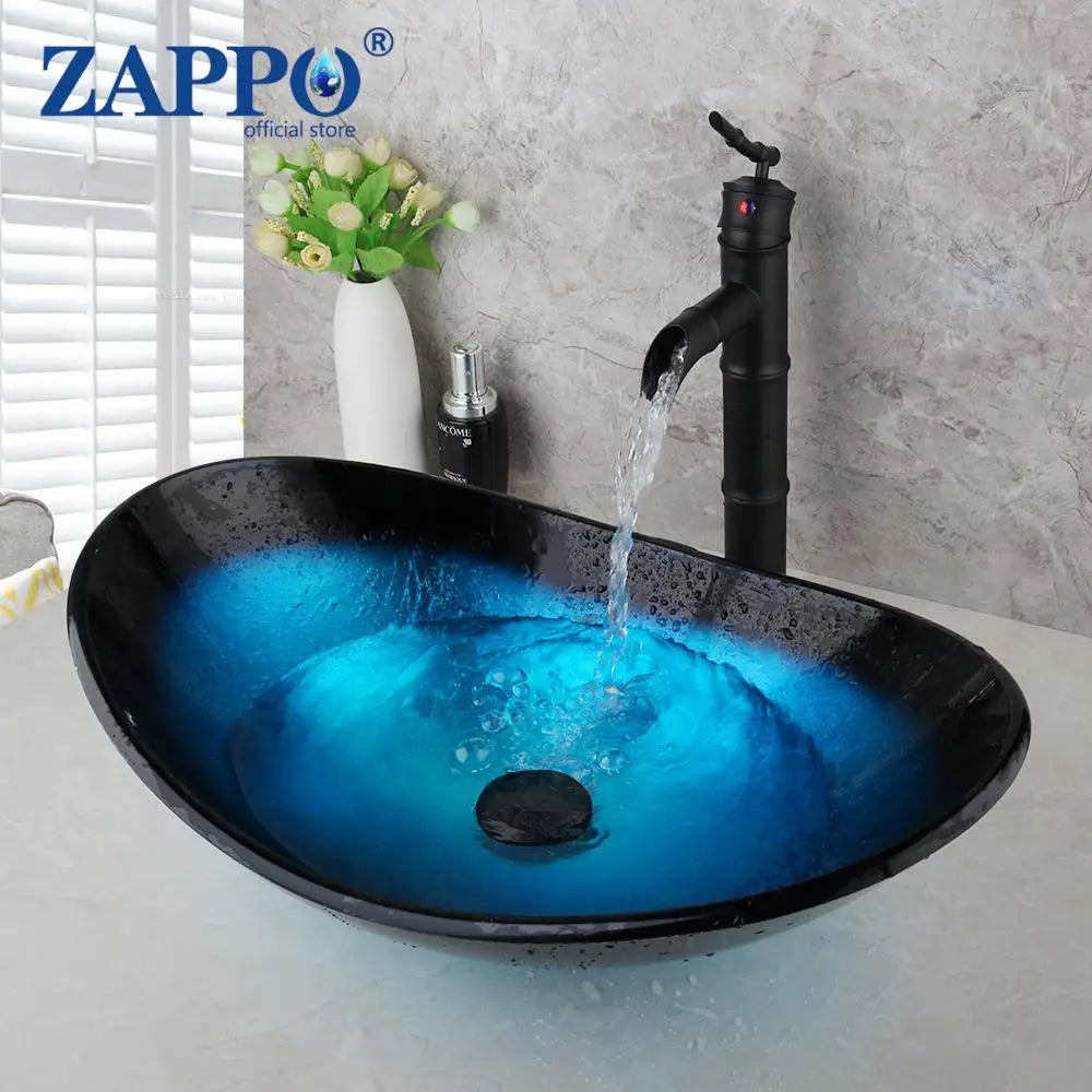 Mekkhalia Tempered Glass Oval Vessel Sink With Waterfall Faucet