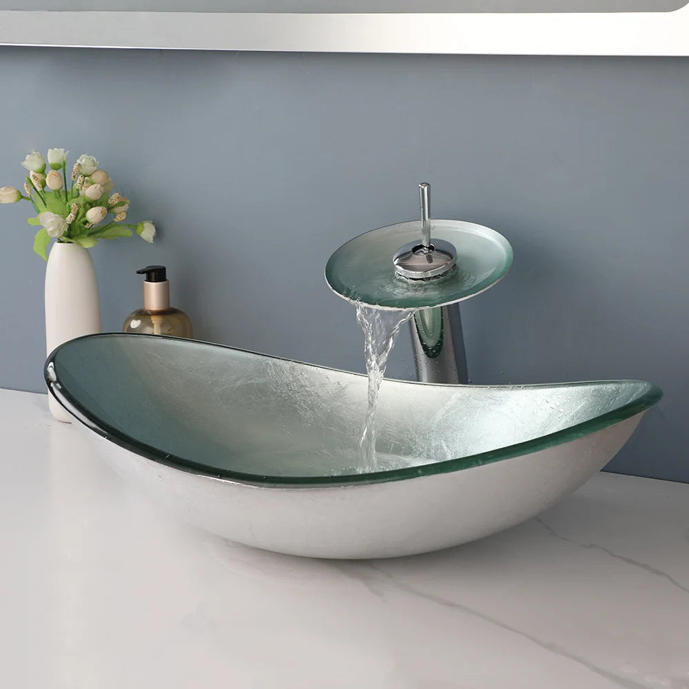 Mekkhala Tempered Glass Bathroom Sink With Waterfall Faucet