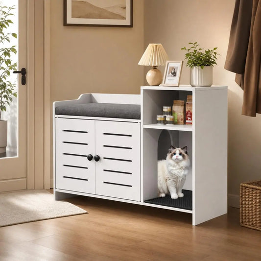 HiMISS Cat Litter Box Enclosure Cabinet With Scratch Pad
