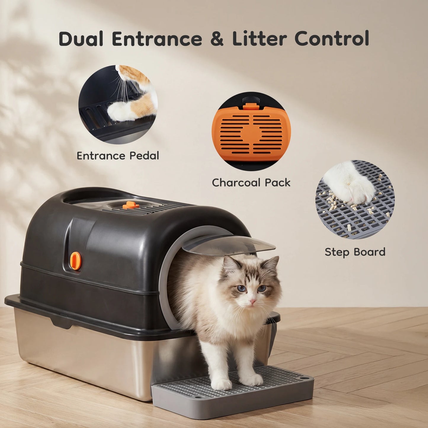 JHK Stainless Steel Cat Litter Box With Enclosed Design