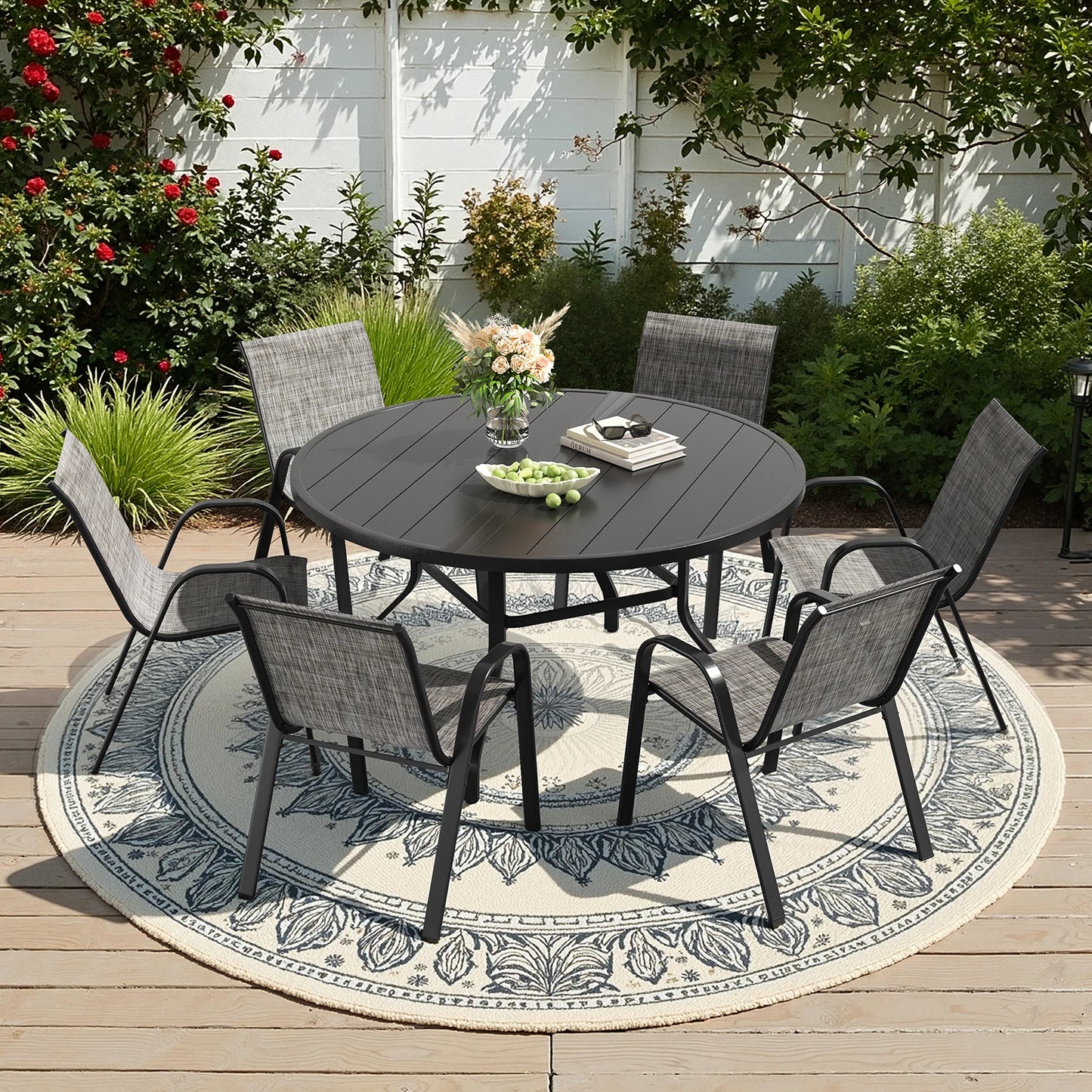 Outdoor Dining Set With Round Table And Six Chairs