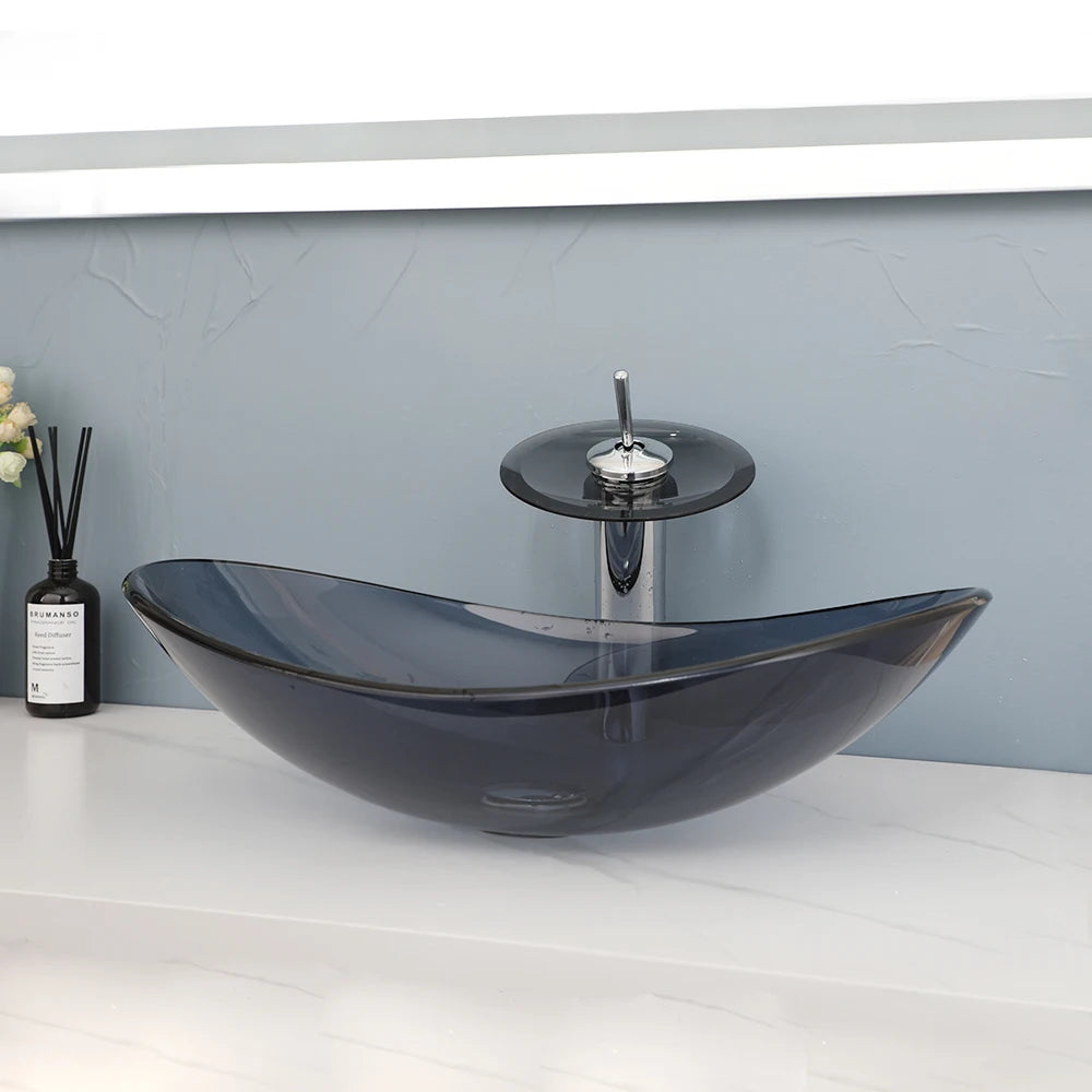 Mekkhala Oval Tempered Glass Vessel Sink With Faucet