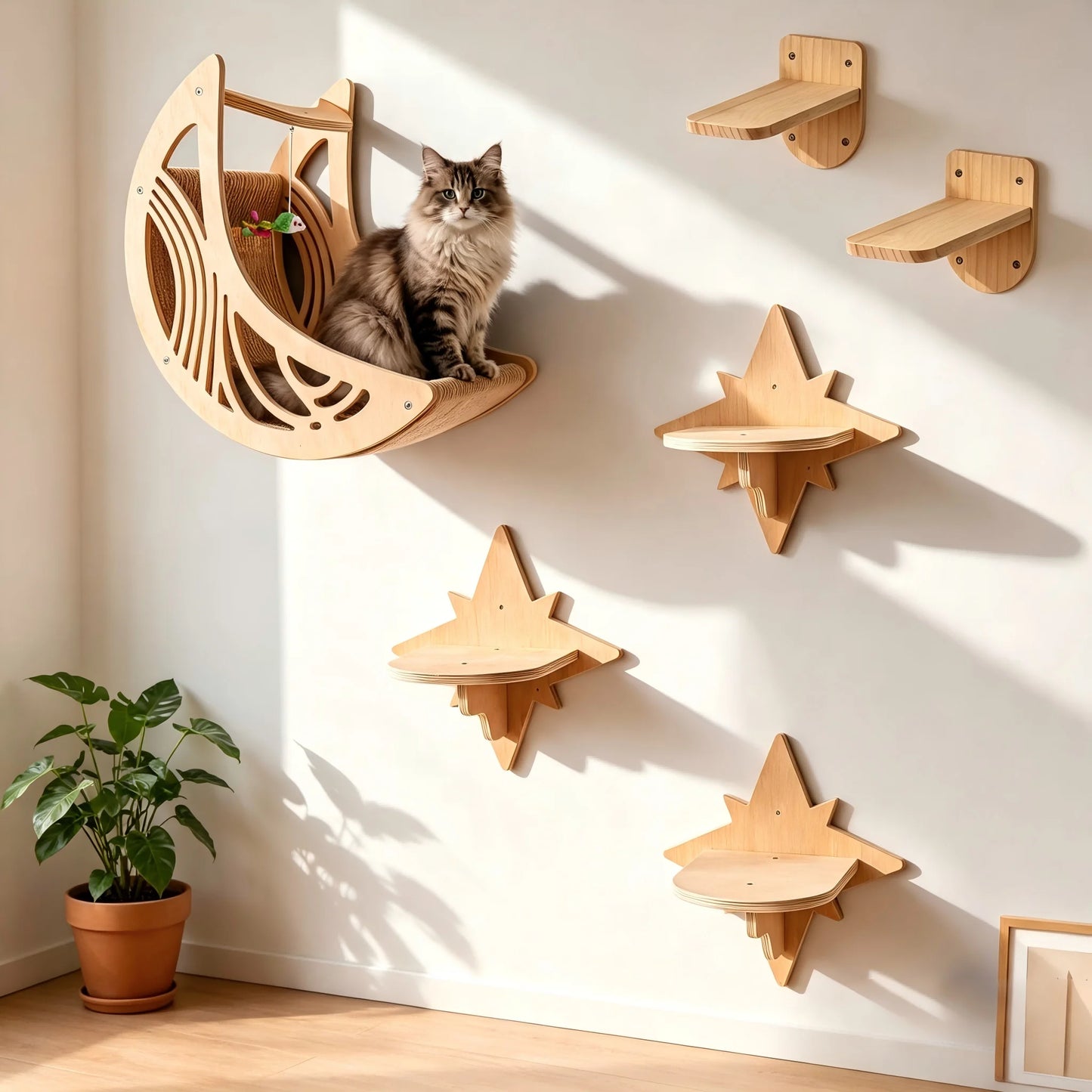 CWV Wall Mounted Cat Shelves Solid Pine Wood Perch Set