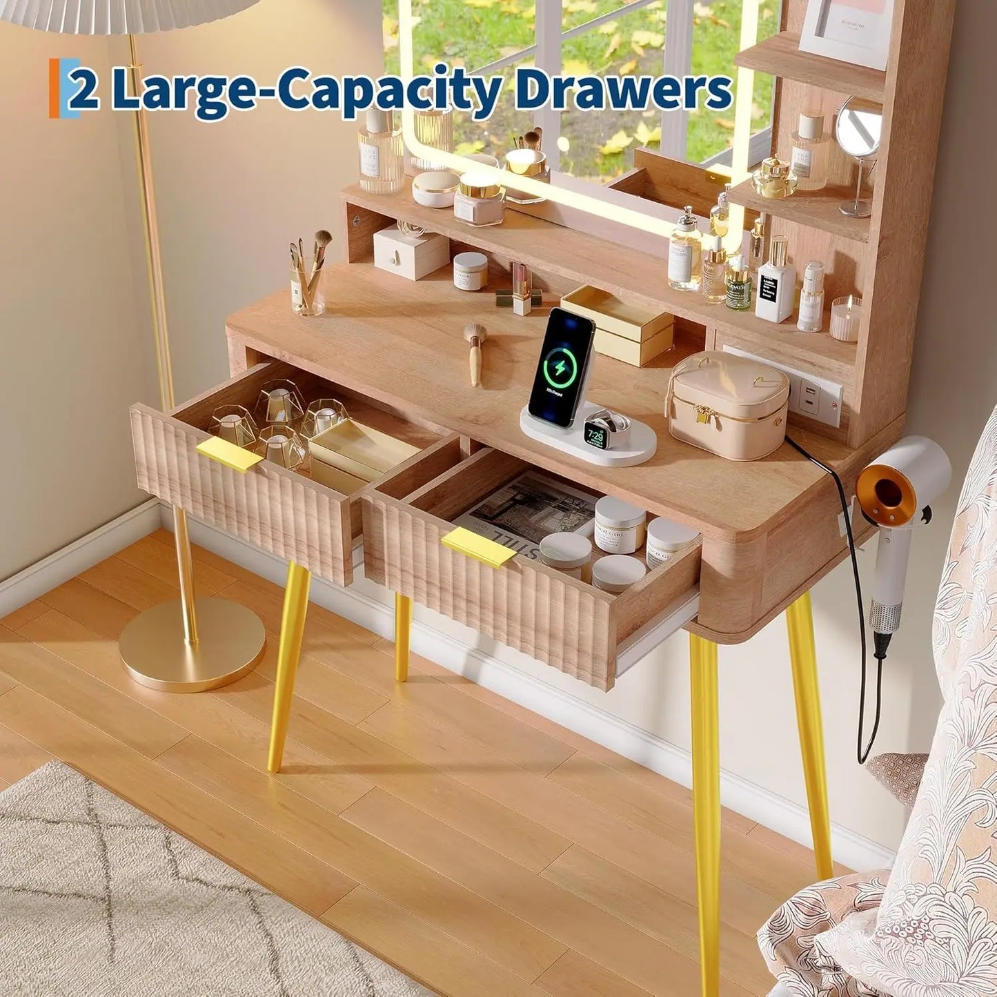 HiMISS Wooden Led Vanity Table With Lighted Mirror And Storage