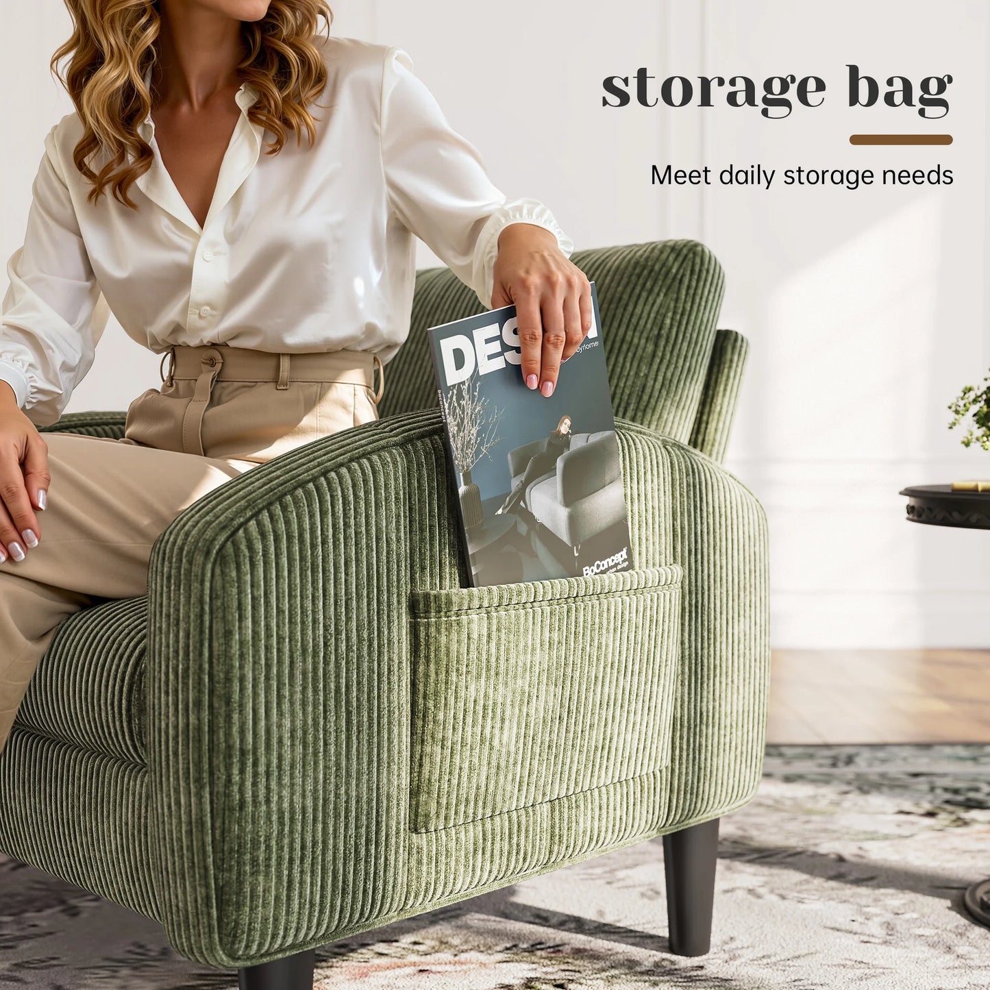 EnHomee Mid Century Modern Fabric Armchair With Side Pockets