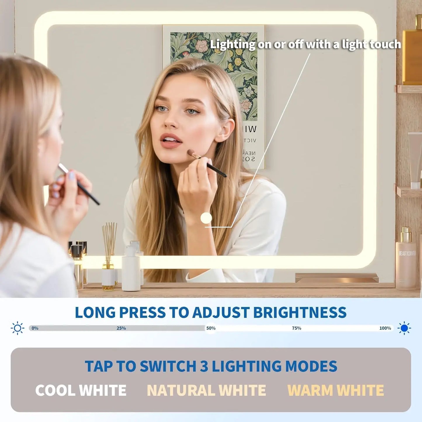 HiMISS Wooden Led Vanity Table With Lighted Mirror And Storage