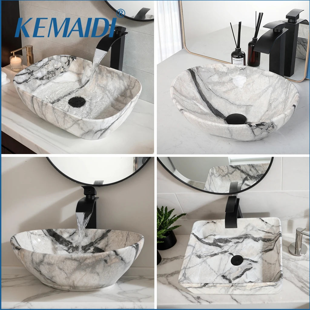 MEKKHALA Marble Pattern Ceramic Bathroom Vessel Sink Set With Faucet