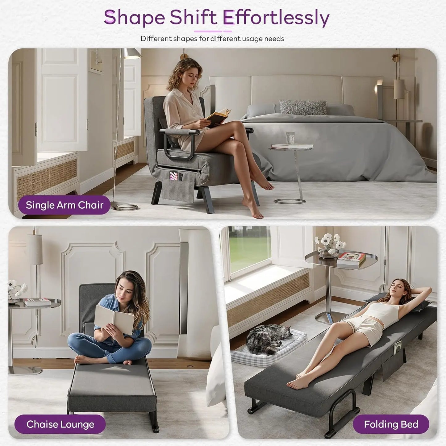 Convertible Sleeper Chair Bed With Adjustable Backrest And Pockets