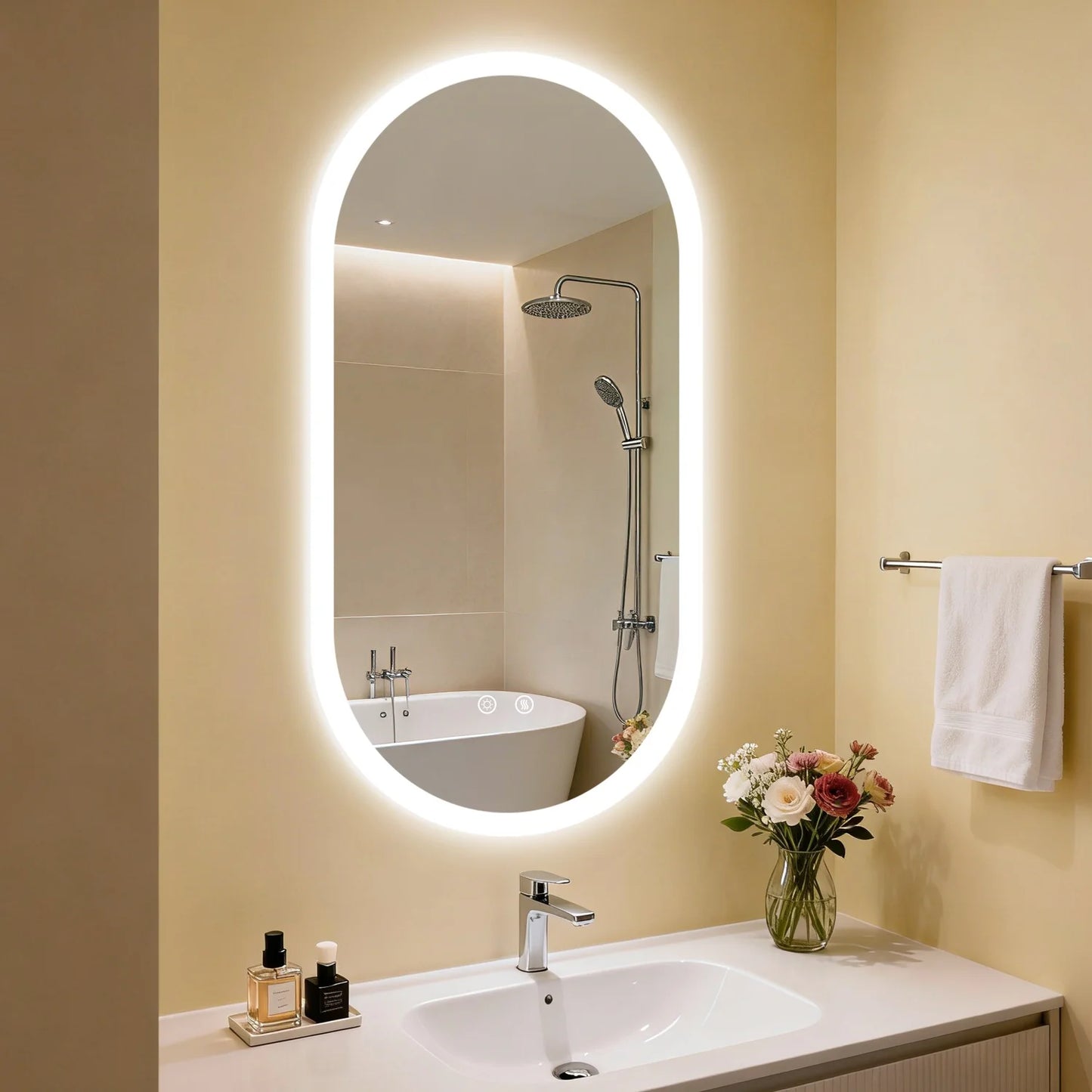 Illuminated Oval Bathroom Mirror With Backlit LEDs And Anti Fog