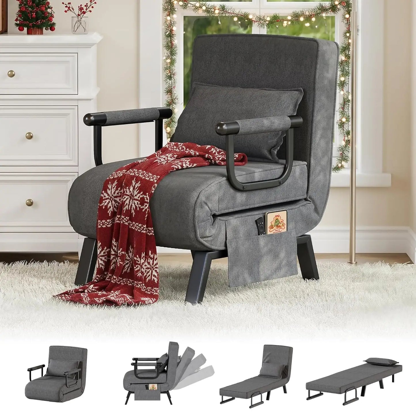 Convertible Sleeper Chair Bed With Adjustable Backrest And Pockets