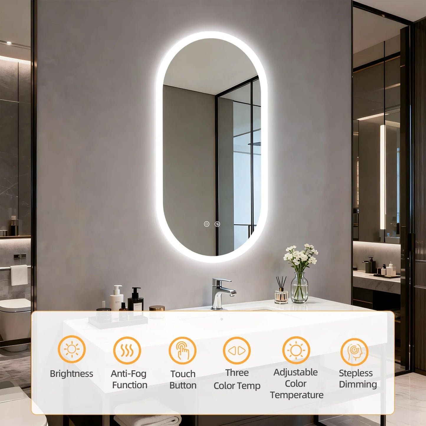 Illuminated Oval Bathroom Mirror With Backlit LEDs And Anti Fog
