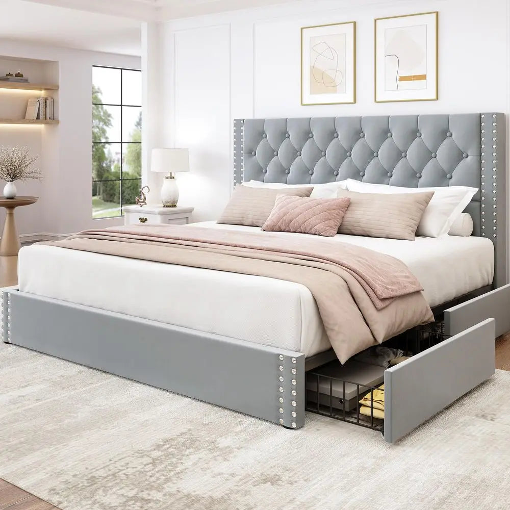 Velvet Upholstered Bed Frame With Tufted Headboard 4 Storage Drawers