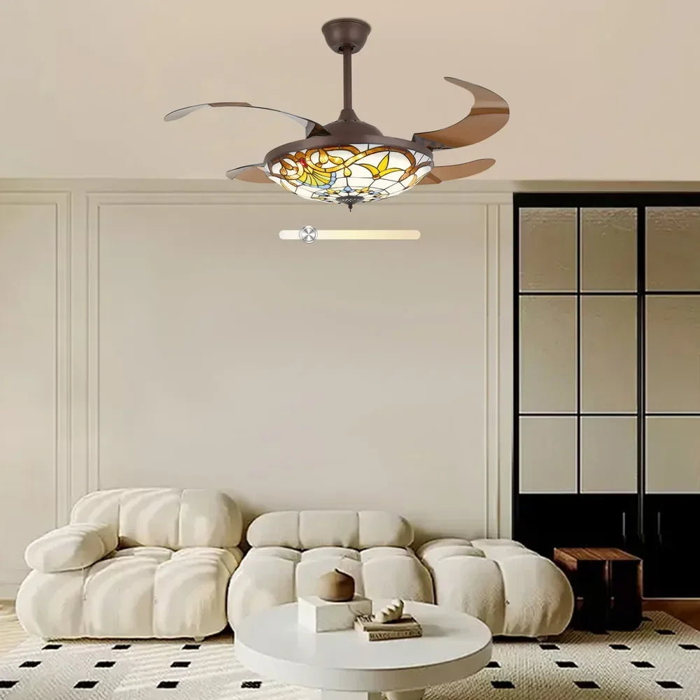 Tiffany Style Ceiling Fan With Remote, LED Light, Color Changing
