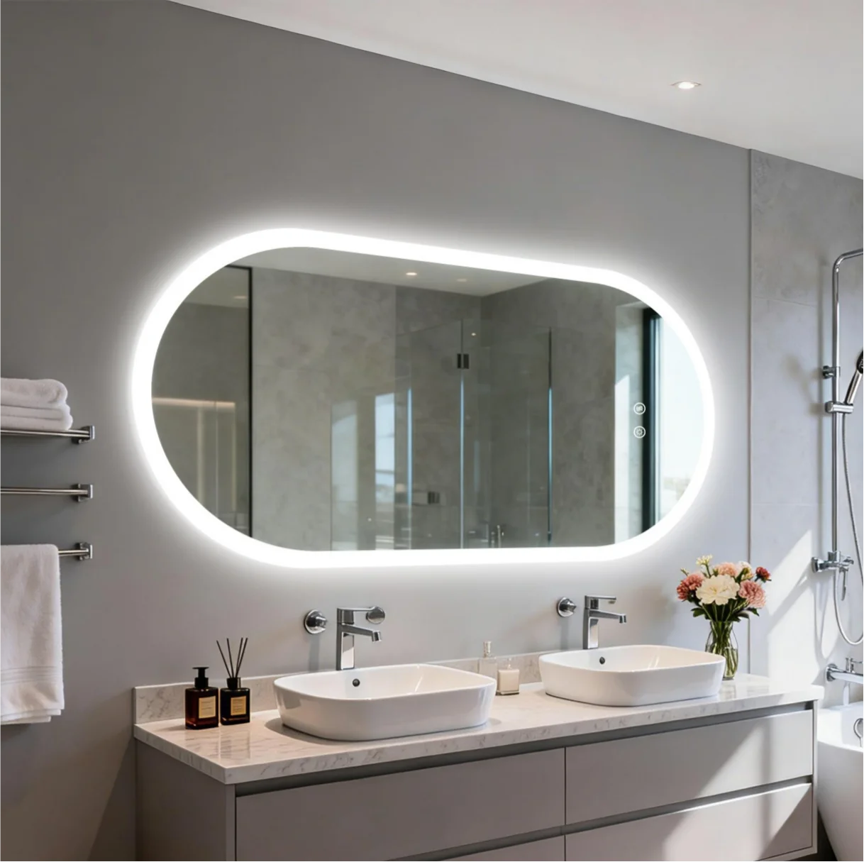 Illuminated Oval Bathroom Mirror With Backlit LEDs And Anti Fog