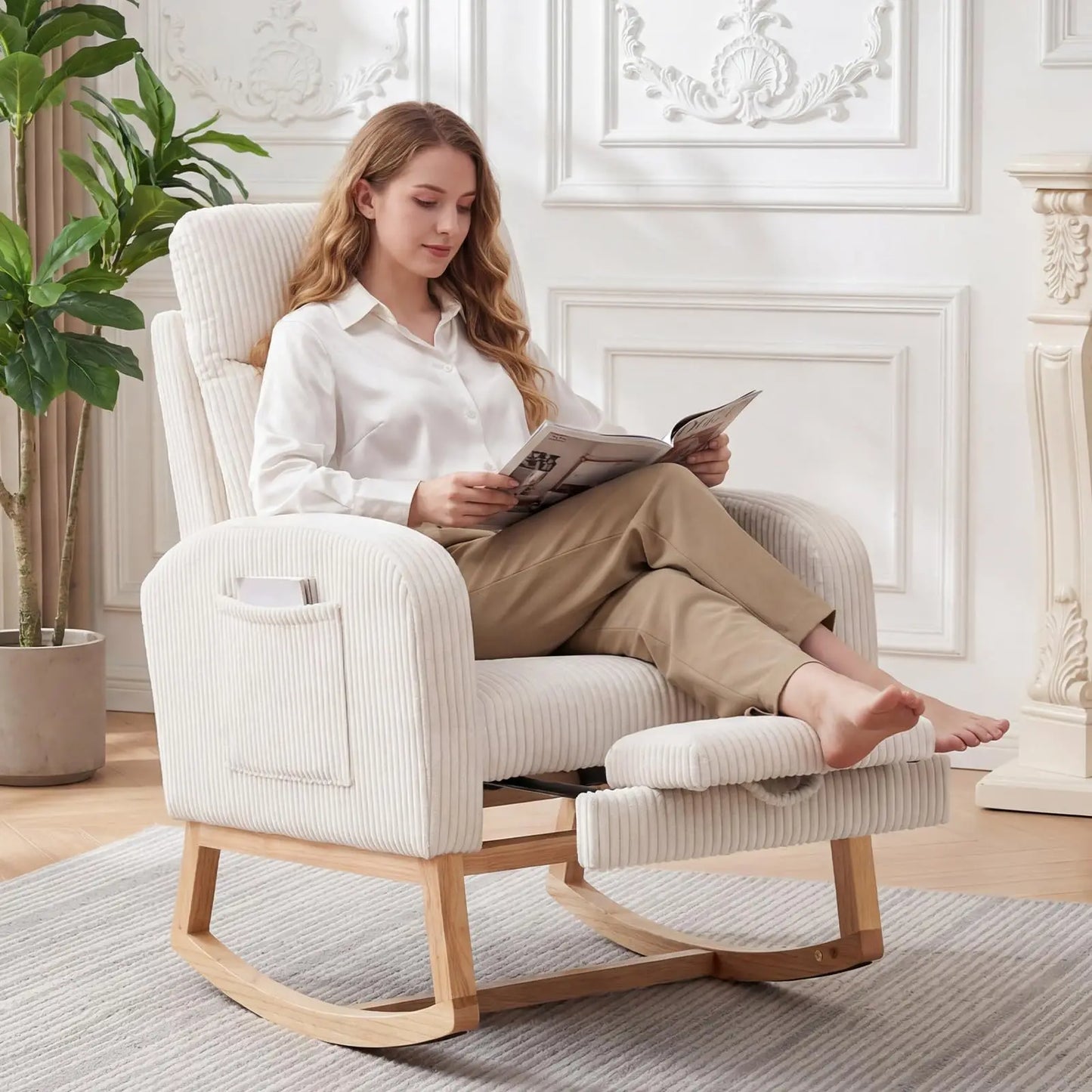 Modern Corduroy Nursery Glider Rocker Chair With Footrest