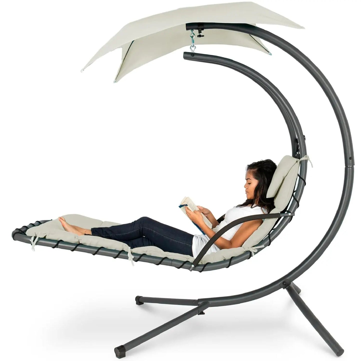 Curved Steel Outdoor Hanging Chaise Lounge Removable Canopy Pillow