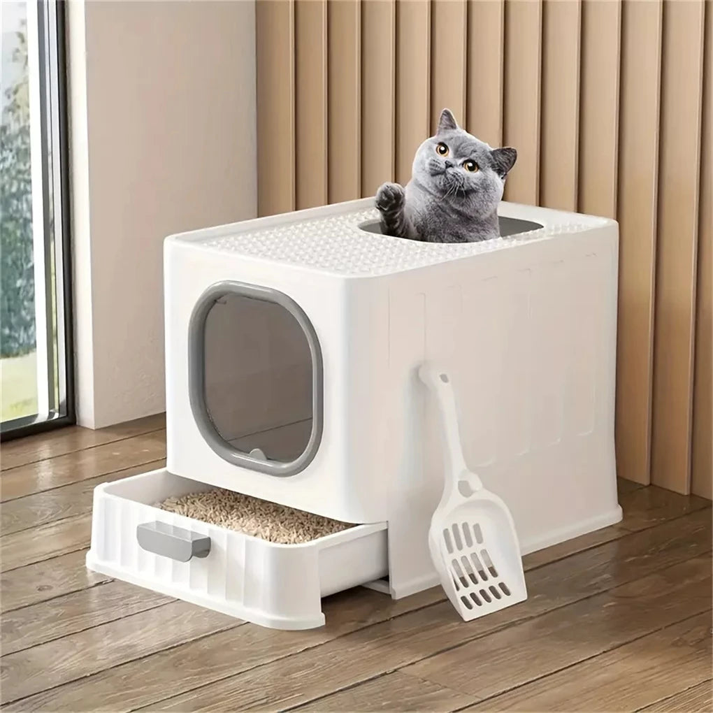 Leak-Proof Enclosed Cat Litter Box With Drawer Scoop Lid Anti-Splashing