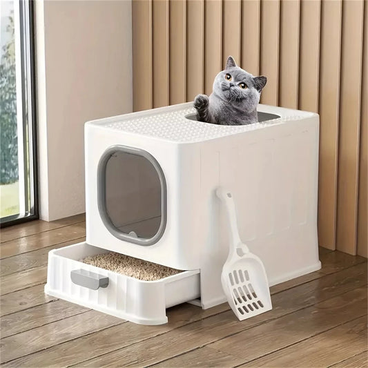 Leak-Proof Enclosed Cat Litter Box With Drawer Scoop Lid Anti-Splashing