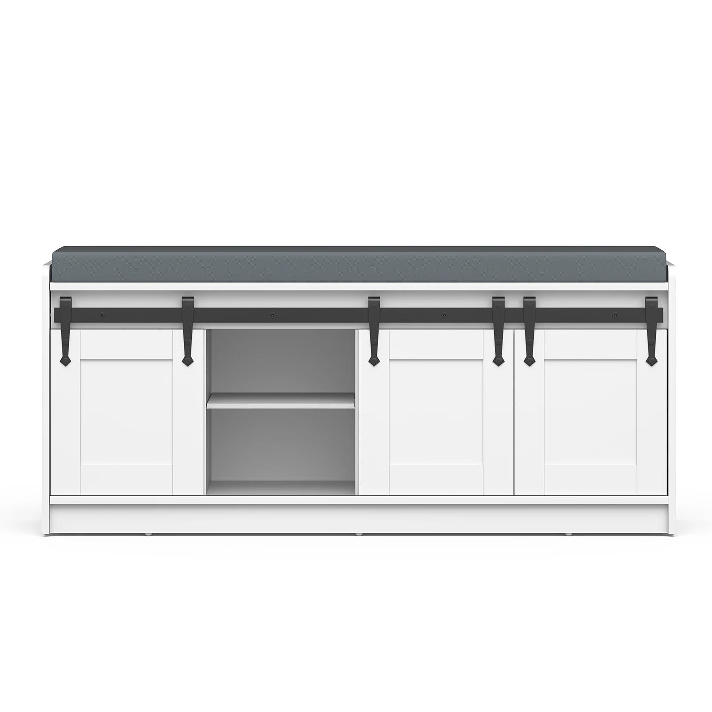 TinyNest Farmhouse Shoe Bench With Padded Seat And Sliding Doors