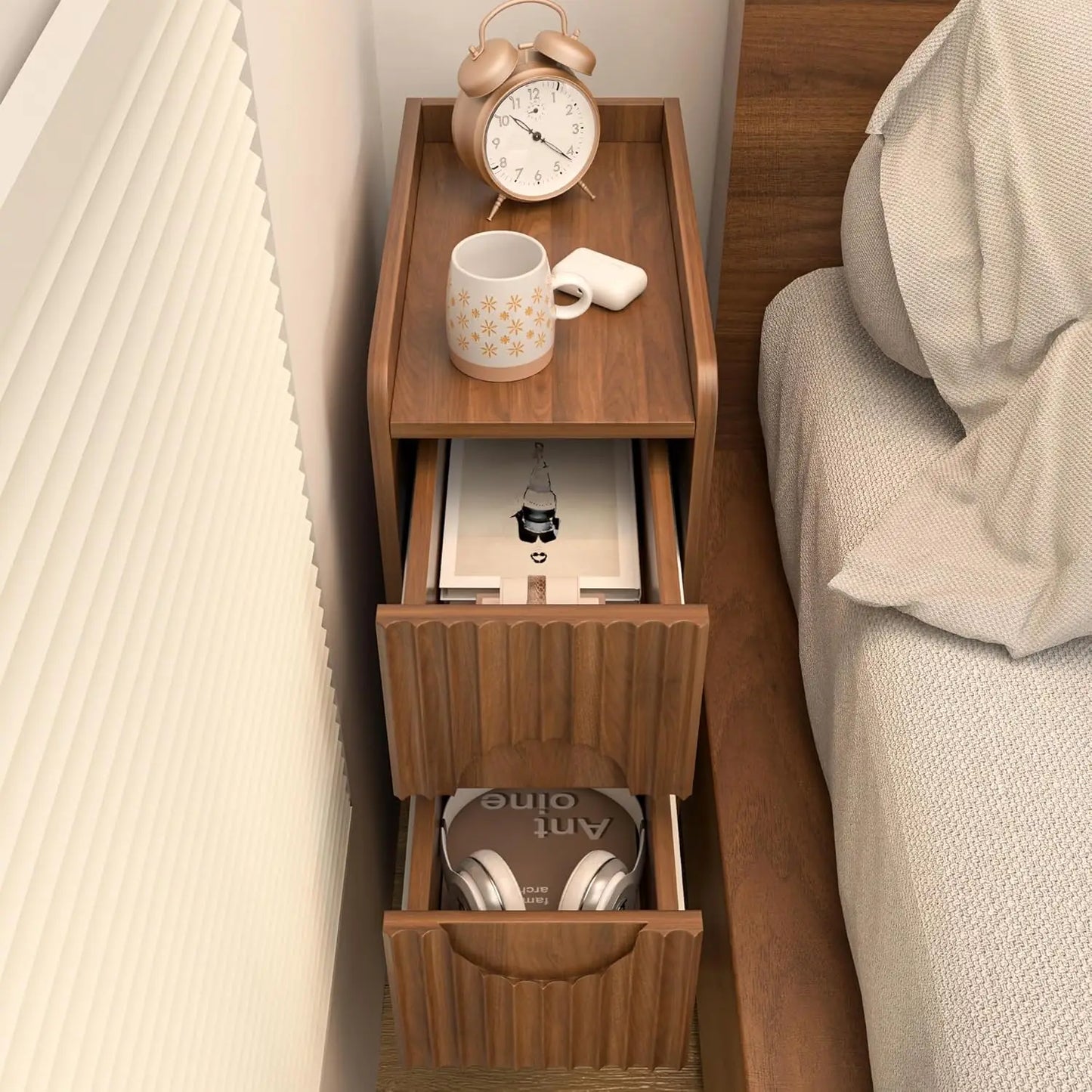 Narrow Fluted Nightstand Set Of 2 Wooden Two Drawer Bedside Tables