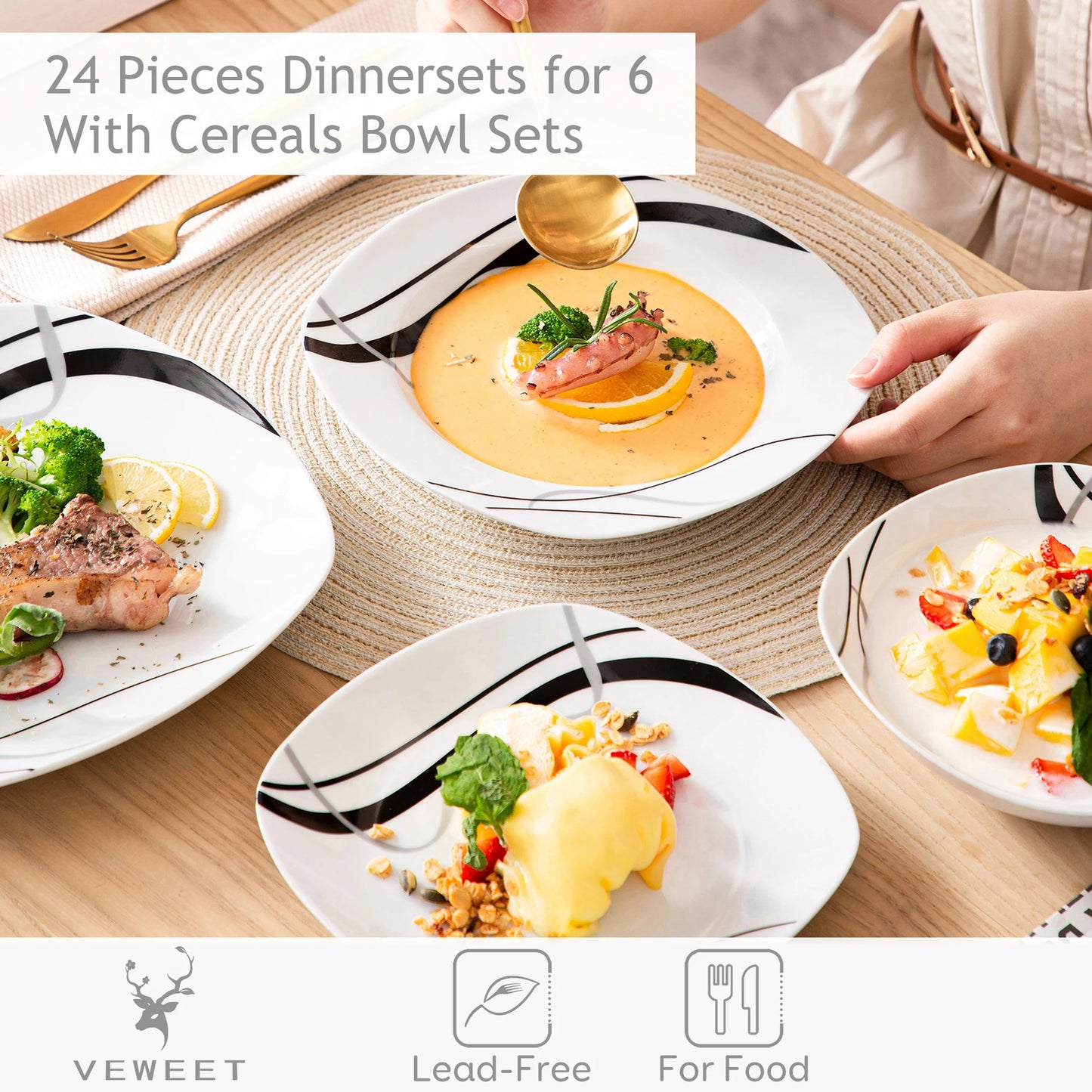 Malacasa Fiona Black Line Porcelain Dinner Plate Set
