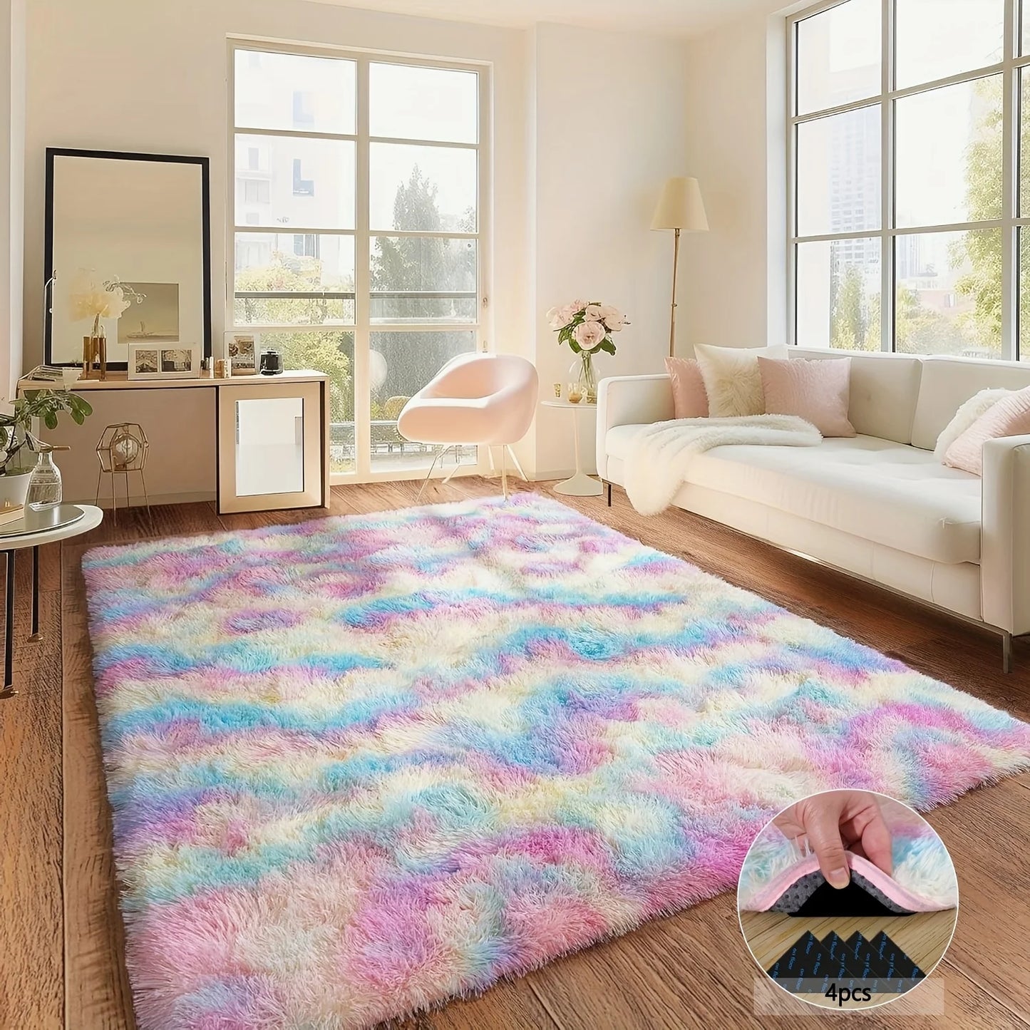 Shaggy Tie-Dye Rainbow Rug Non-Slip Plush Carpet For Living Room